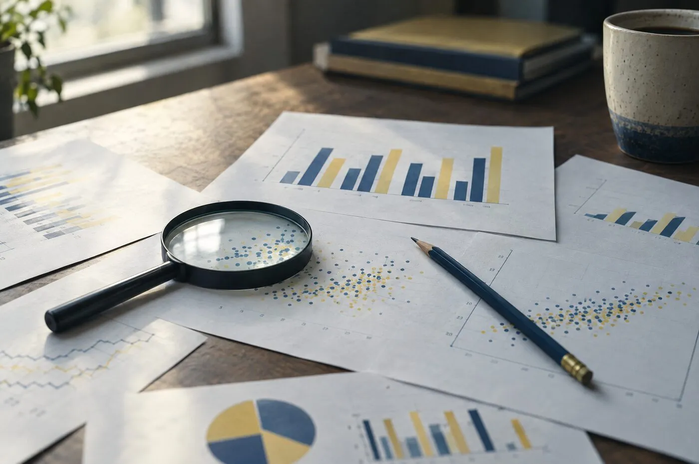 Printed research charts on a desk under a magnifying glass, with a pencil and a mug